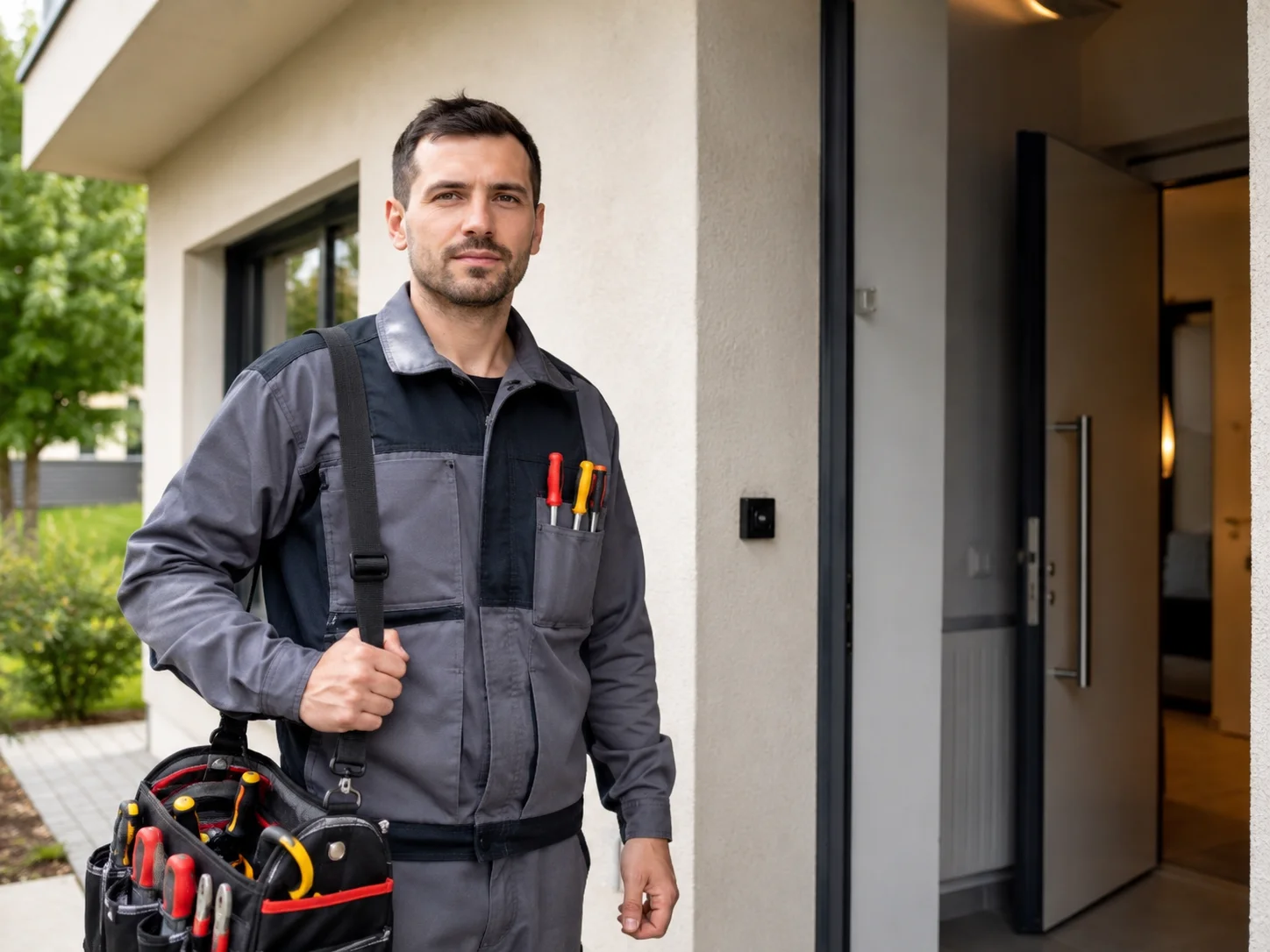 Professional technician in uniform working on a residential electrical panel, focused and reliable, warm natural light